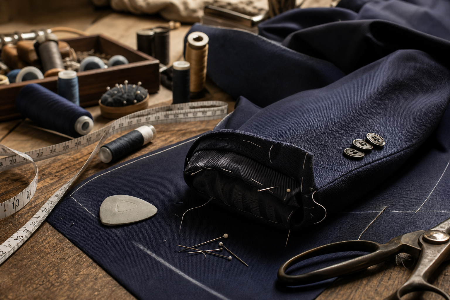 Tailor worktable with fabric, thread, pins, and measuring tape